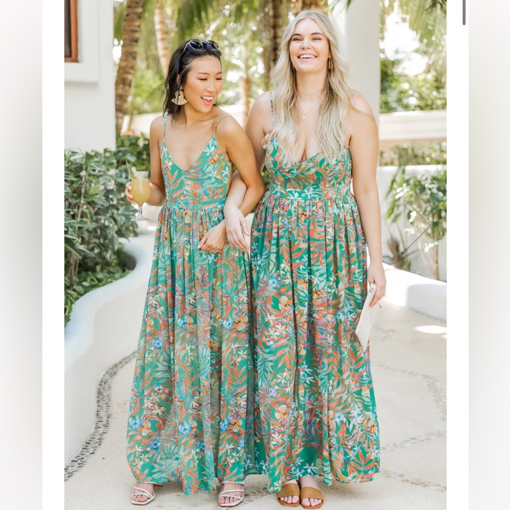 Pink Lily Green Tropical Maxi Dress- NWOT